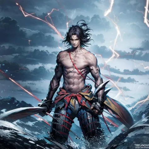 <lora:genichiro-000006:1>,1 boy,topless,lightning,thunder,handsome,jumping