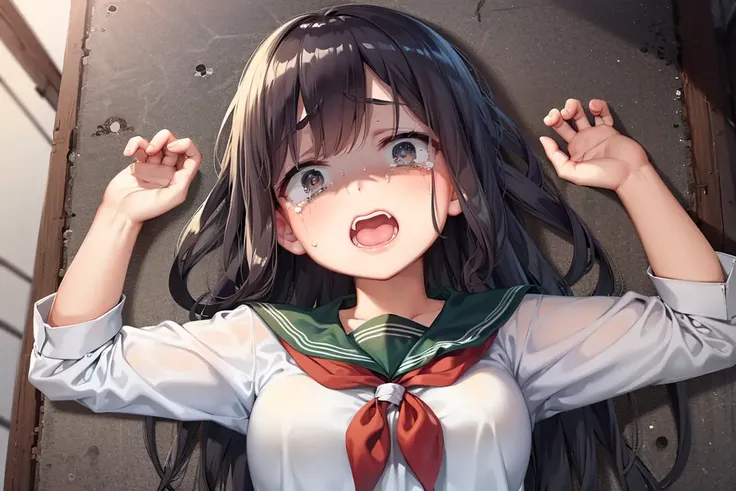 (masterpiece:1,2), best quality, scared expression, open mouth,tears,
1gir, lying , serafuku,on back, <lora:scared-expression-v1.8-000005:0.9>