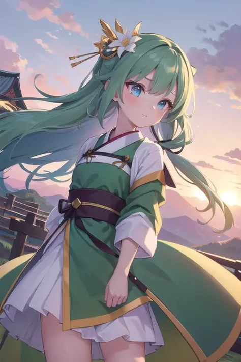 masterpiece, best quality,ultra detail, 1girl,petite ,dutch angle, long hair, <lora:Hanfu:0.7>green hanfu,mountain.outdoor,strong wind,cloudsunset,flower hairpin,colorful outfit