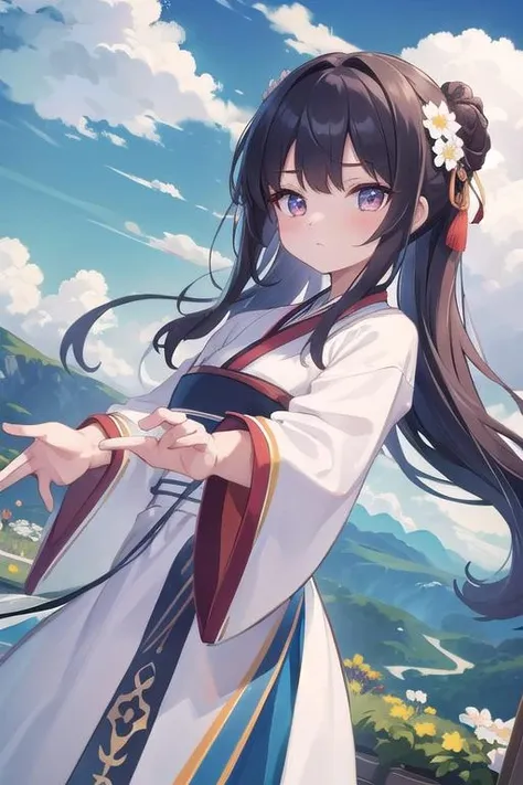 masterpiece, best quality,ultra detail, 1girl,petite ,dutch angle, long hair, <lora:Hanfu:0.7> hanfu,mountain.outdoor,strong wind,cloud,flower hairpin,colorful outfit,open arms