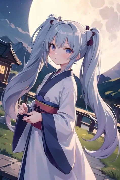 masterpiece, best quality,ultra detail, 1girl,petite ,dutch angle, long hair, twintails <lora:Hanfu:0.7>hanfu,mountain.outdoor,fullmoon
