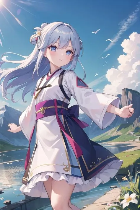 masterpiece, best quality,ultra detail, 1girl,petite ,dutch angle, long hair, <lora:Hanfu:0.7> hanfu,mountain.outdoor,strong wind,cloud,flower hairpin,colorful outfit,open arms