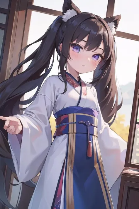 masterpiece, best quality,ultra detail, 1girl,petite ,dutch angle, long hair, twintails <lora:Hanfu:0.7>hanfu,chinese mountain.
