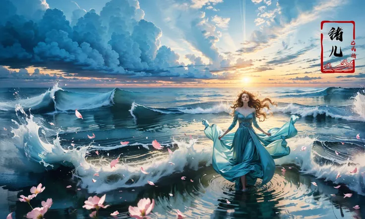 (dramatic, gritty, intense:1.4),masterpiece, best quality, 32k uhd, insane details, intricate details, hyperdetailed, hyper quality, high detail, ultra detailed, Masterpiece,(wide shot, wide-angle lens,Panoramic:1.2),
a girl In the calm sea, blue sky with white clouds, in the style of dark emerald and dark aquamarine, traditional chinese, timeless beauty, dreamlike hues, aurorapunk, pictorial dreams, solarizing master
(Real waterRealistic waterflowing water:1.5)ripples(Milky skin, shiny skin:1.6)(Flowers:1.3), (Scattered petal:1.6)(Very Long Wave Hair:1.4)
A shot with tension(sky glows red,Visual impact,giving the poster a dynamic and visually striking appearance:1.2),
<lora:~Q?-mwN
dD_qsea:0.8>