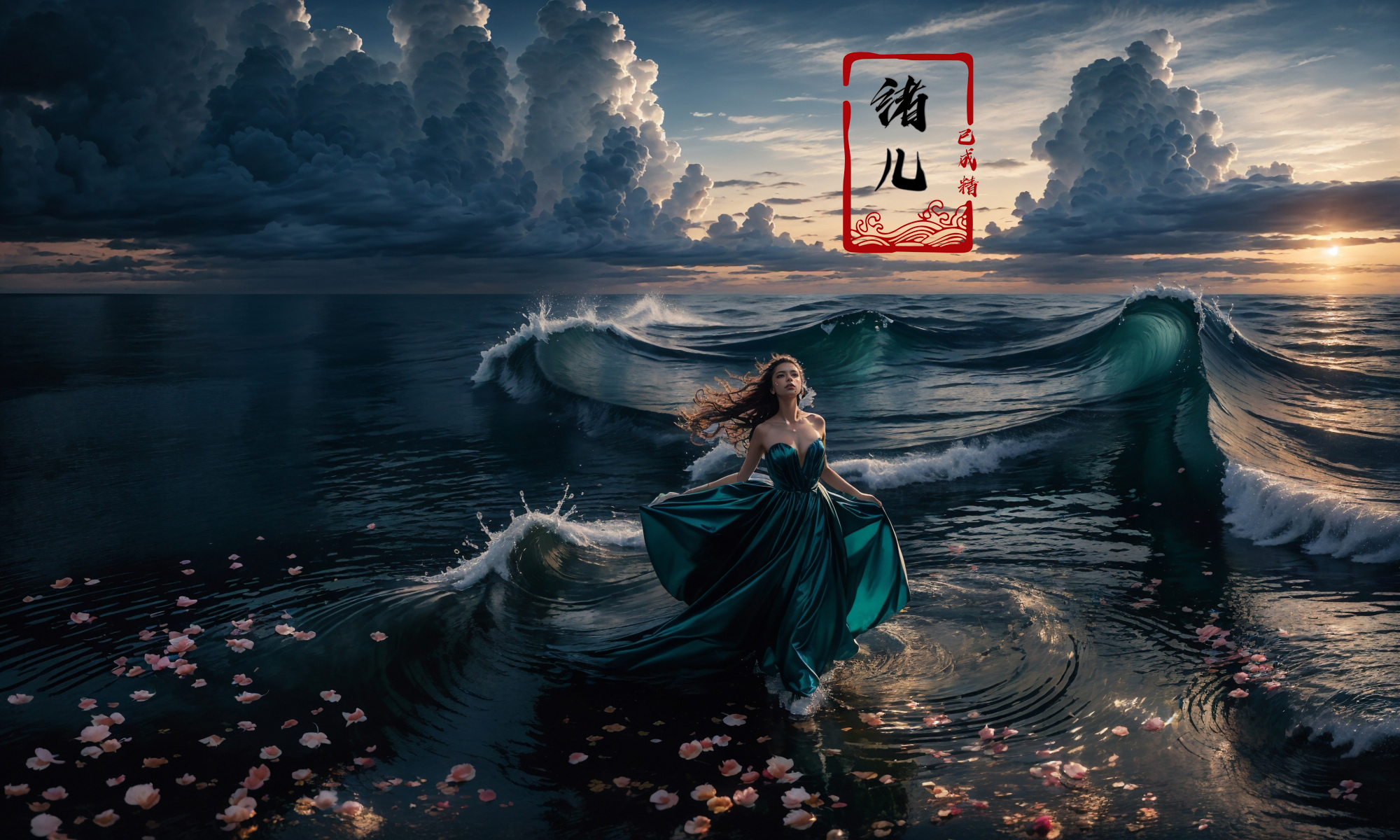 A woman in a long dress is sitting on the beach - SeaArt AI