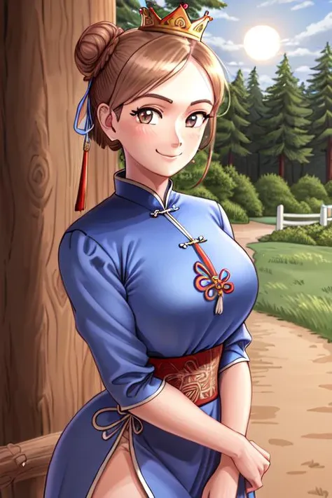 1girl, solo, chun-li, (highly detailed eyes), detailed face, ((round pupils)), intricate details, brown eyes, brown hair, double bun, looking at viewer, smile, happy, ((portrait)), (((upper body))), ((((royal long blue chinese dress)))), (((queen))), princess, (skirt), ((cartoon)), medieval dress, crown, soft lighting, forest, sun, ((muscular female)), ((thick arms)), arms behind back, wassnonam-12800