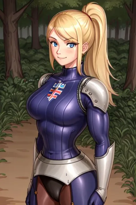 1girl, solo, samus aran, (highly detailed eyes), detailed face, ((round pupils)), intricate details, (blue eyes), (blonde hair), ponytail, looking at viewer, smile, happy, ((portrait)), (((upper body))), ((zero suit)), ((cartoon)), medieval dress, soft lighting, forest, sun, ((muscular female)), ((thick arms)), arms behind back, wassnonam-12800