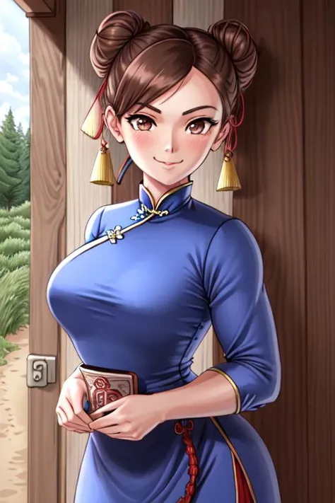 1girl, solo, chun-li, (highly detailed eyes), detailed face, ((round pupils)), intricate details, (brown eyes), (brown hair), double bun, looking at viewer, smile, happy, ((portrait)), (((upper body))), ((((royal long blue chinese dress)))), (((queen))), princess, (skirt), ((cartoon)), medieval dress, soft lighting, forest, sun, ((muscular female)), ((thick arms)), arms behind back, wassnonam-12800