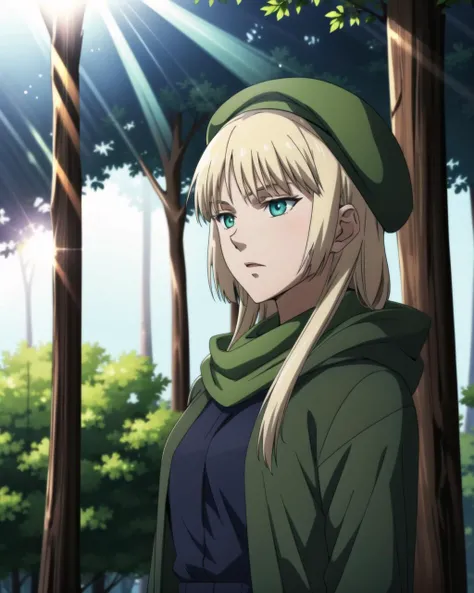 masterpiece, high quality, 1girl, KokoHekmatyar, medium shot, upper body, green hooded coat, black beret, outdoors, forest, evening, sunglare, <lora:KokoHekmatyar001:0.4>,  <lora:add_detail:0.5>,  <lora:colorify:1>