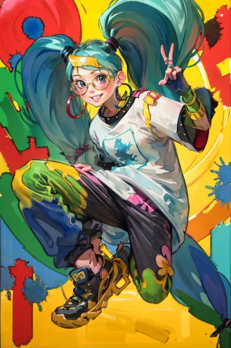 smile, hand gesture, multicolored background,  <lora:mikunormal:0.9> nomarumiku, black eyes, blue hair, twintails, shirt, fingerless gloves, glasses, jewelry, print shirt, pants, rings, hoop earrings,   <lora:misawaHiroshi:1> painting \(medium\), traditional media, watercolor \(medium\), absurdres, ultra detailed, masterpiece, best quality, aesthetic, detailed,