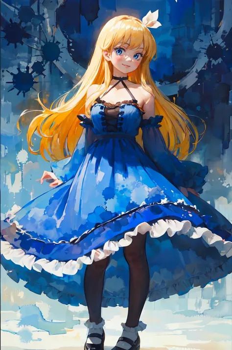 ultra detailed, masterpiece, best quality, solo, soft smile, light smile,
1girl, blue eyes, very long hair, blonde hair, long blonde hair, french braid, bangs, medium breasts,
hair ribbon, frilled choker, criss-cross halter, sleeveless dress, high-waist skirt, backless dress, waist bow, detached sleeves, frilled sleeves, wide sleeves, pantyhose, patterned legwear, mary janes,  <lora:misawaHiroshi:1> painting \(medium\), traditional media, watercolor \(medium\), blue theme, blue clothes,