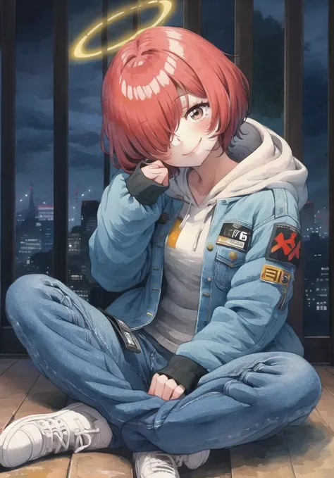 painting \(medium\), traditional media, watercolor \(medium\), 1girl, solo, halo, red hair, short hair, hair over one eye, exusiai \(arknights\), sitting, looking at viewer, shoes, jacket, pants, hood, wings, blue jacket, hoodie, sneakers, smile, head tilt, open clothes, long sleeves, white socks, socks, denim jacket, full body, black pants, white footwear, open jacket, fence, detached wings, closed mouth, alternate costume, brown eyes, sleeves past wrists, hood down, indian style, window, night, crossed legs, <lora:misawaHiroshi-000005:1>