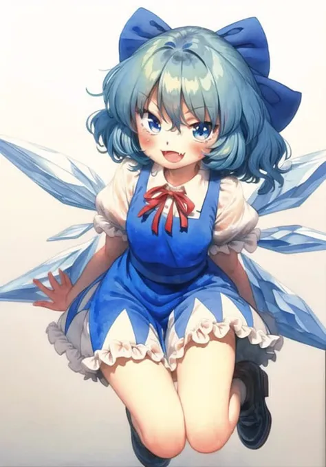 painting \(medium\), traditional media, watercolor \(medium\), 1girl, solo, cirno, bow, blue eyes, blue hair, dress, wings, fang, short sleeves, open mouth, blue dress, red bowtie, blue bow, bowtie, hair bow, ice wings, red bow, smile, looking at viewer, blush, shirt, puffy sleeves, hair between eyes, white shirt, puffy short sleeves, short hair, ice, skin fang, bangs, collared shirt, :d, <lora:misawaHiroshi-000005:1>