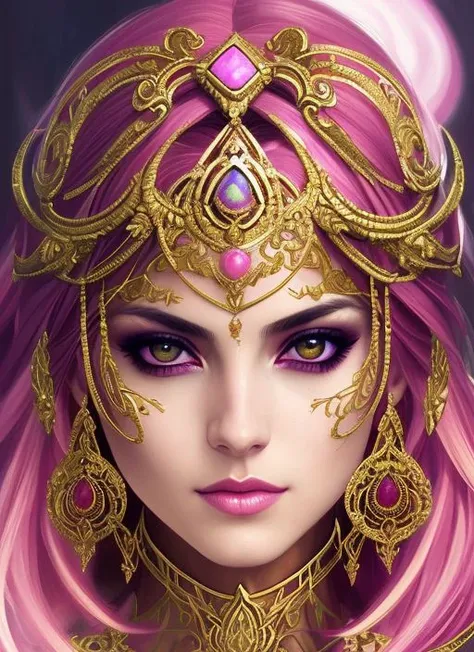 style of joemadureira (symmetry:1.1) (portrait of floral:1.05) a woman as a beautiful goddess, (assassins creed style:0.8), pink and gold and opal color scheme, beautiful intricate filegrid facepaint, intricate, elegant, highly detailed, digital painting, artstation, concept art, smooth, sharp focus, illustration, art by greg rutkowski and alphonse mucha, 8k
