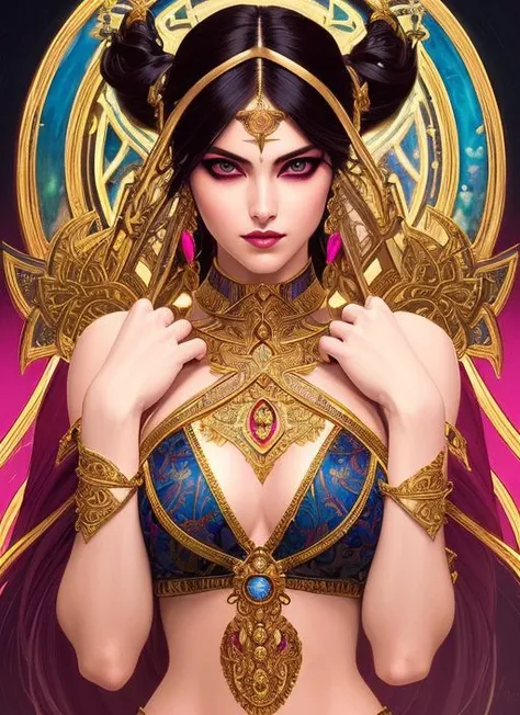 style of joemadureira (symmetry:1.1) (portrait of floral:1.05) a woman as a beautiful goddess, (assassins creed style:0.8), pink and gold and opal color scheme, beautiful intricate filegrid facepaint, intricate, elegant, highly detailed, digital painting, artstation, concept art, smooth, sharp focus, illustration, art by greg rutkowski and alphonse mucha, 8k