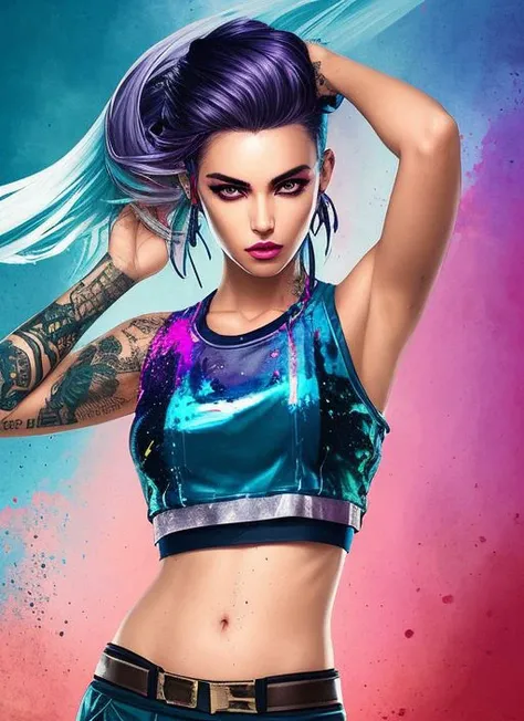 style of joemadureira award winning half body portrait of a woman in a croptop and cargo pants with ombre navy blue teal hairstyle with head in motion and hair flying, paint splashes, splatter, outrun, vaporware, shaded flat illustration, digital art, trending on artstation, highly detailed, fine detail, intricate