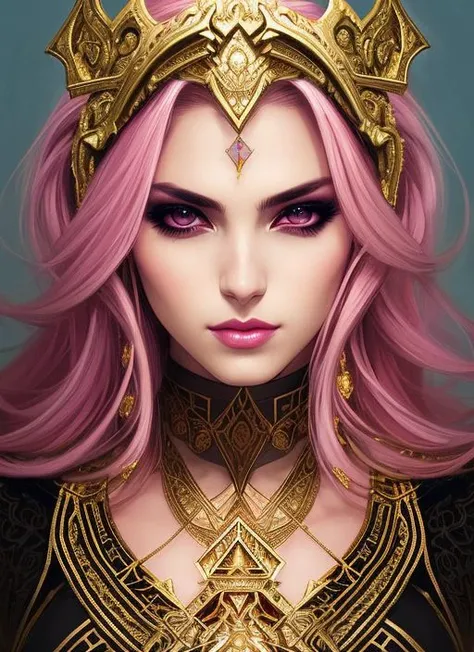 style of joemadureira (symmetry:1.1) (portrait of floral:1.05) a woman as a beautiful goddess, (assassins creed style:0.8), pink and gold and opal color scheme, beautiful intricate filegrid facepaint, intricate, elegant, highly detailed, digital painting, artstation, concept art, smooth, sharp focus, illustration, art by greg rutkowski and alphonse mucha, 8k