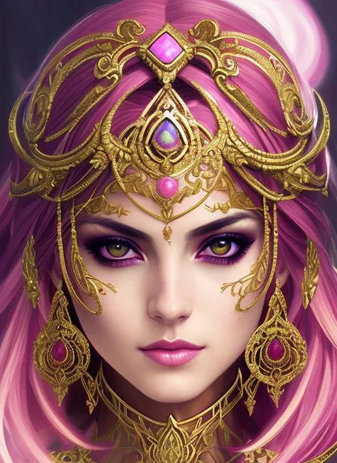 style of joemadureira (symmetry:1.1) (portrait of floral:1.05) a woman as a beautiful goddess, (assassins creed style:0.8), pink and gold and opal color scheme, beautiful intricate filegrid facepaint, intricate, elegant, highly detailed, digital painting, artstation, concept art, smooth, sharp focus, illustration, art by greg rutkowski and alphonse mucha, 8k