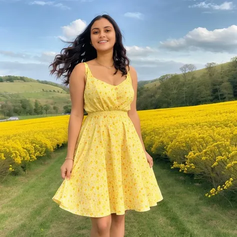 RAW photo, dinakshi, smiling, hair floating in the wind, standing in a flower field, out doors, blue sky, 18mm, f2.8, yellow flared frock dancing in the wind. looking at viewer, depth of field, reddit, high quality, film grain, (cinematic grain), color grade, cinematic color, Fujifilm XT3, raw image, ((falt colors:1.4)), <lora:DinakshiOlderV1:0.75>