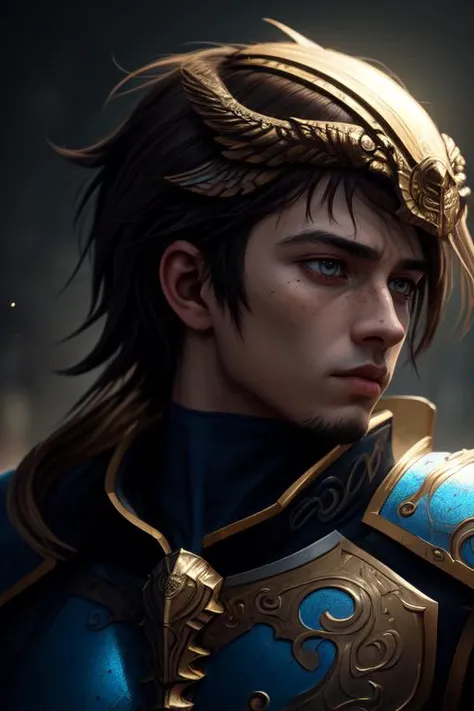 disciples 2, Illustration of Pegasus Knight, grizzled and scarred face, blue and gold armor, brown hair, masterpiece, best quality, Half Body, 1boy, portrait, ((intricate details)), hdr, ((intricate details, hyperdetailed)), cinematic shot, glare, Iridescent, Global Illumination, soft light, dream light, illustration, dark theme,