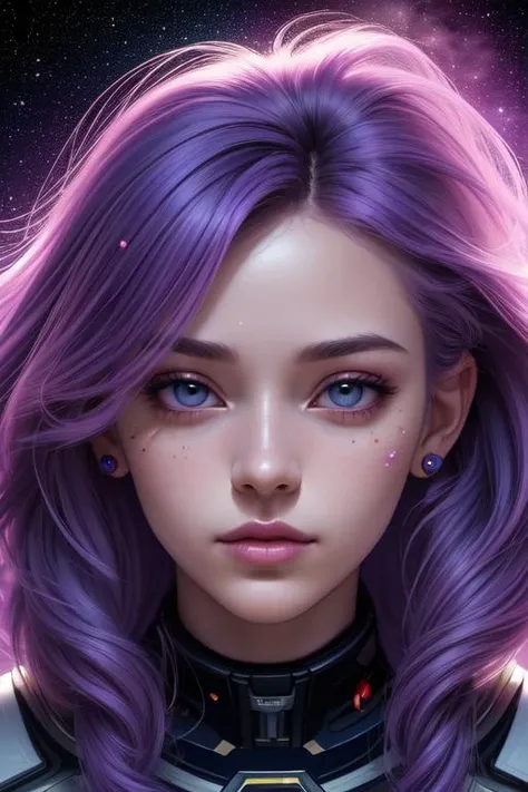 (best quality, masterpiece, perfect face, beautiful and aesthetic:1.2, colorful, dynamic angle, highest detailed face) fashion photography of cute astronaut girl with long iridiscent purple hair, in space (intricate details, hyperdetailed:1.15), detailed, sunlight passing through hair, (beautiful galaxy background), (high contrast, official space art, extreme detailed, highest detailed), HDR+