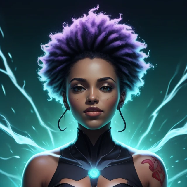 <lora:Black_Women:0.81> comic book style, flat colors, rosalinenobodysd15, BREAK portrait, solo, from front, front view, upper body, looking down, detailed background, detailed face, (<lora:ElementalMagicAIv2:0.6>, fireMagicAI theme:1.1), audio-wizard, wearing maroon spellcaster clothes, smile, unleashing colorful flowing sound waves, concetric soundwave circles, humming with energy, harmonious tattoos, dynamic pose, frequency control, sonic whirlwind, audio visualisation, electronics in background, soundwaves as colors epic atmosphere,