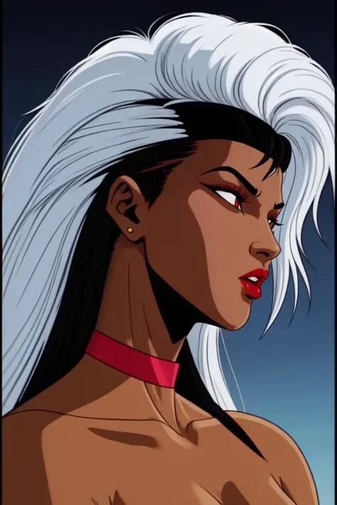 X-men TaS Style, 1girl, choker, dark skin, dark-skinned female, from side, headband, lipstick, long hair, mowhawk, makeup, portrait, profile, red lips, retro artstyle, solo, white hair, <lora:XmenStyle:0.8>
