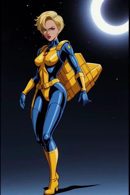 X-men TaS Style, 1girl, belt, blonde hair, blue bodysuit, bodysuit, boots, gloves, hair over one eye, lipstick, makeup, pilot suit, retro artstyle, short hair, solo, uniform, jet pack, upper body, dynamic pose, <lora:XmenStyle:0.8>