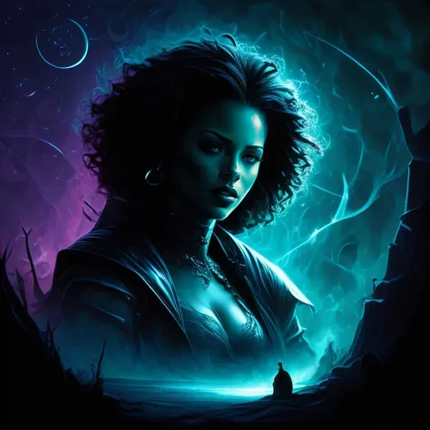<lora:Black_Women:0.91> <lora:novel_bright:0.8> j4da_v2, (Comic book art :1.3), Comic art, graphic novel illustration, BREAK solo, half shot, looking down, detailed background, detailed face, (<lora:ChronomancyAI:0.5>, ChronomancyAI, chronomancy theme:1.1) poison-wizard, sorcerer clothes, vivid purple color scheme, purple hair, purple eyes, purple lights, purple gas, pale skin, flask of bubbling poison, spellbook, poisonous symbols, floating particles, venomous serpents in background, epic atmosphere,