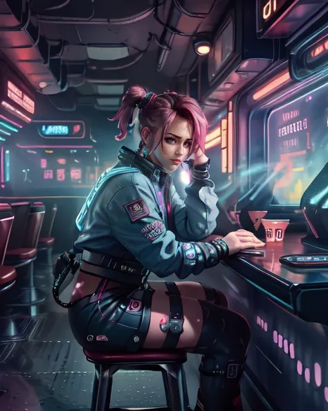 <lora:symix-preview-4-5:0.7>, beautiful cyberpunk woman, LCD screens and fiber optic cables, inspired by netrunner, cyberpunk style, cowboy-shot of a female waitress, Inside a 1950s Diner: Red bar stools, checkerboard flooring, colorful jukebox BREAK (sharp:1.2), (detailed:1.2), (HD:1.2), (HDR:1.2), (8K:1.2), (best quality:1.2), (best resolution:1.2), maximalist, (masterpiece:1.2), <lora:actionshot:0.7> <lora:Perfect color:0.7> <lora:epi_noiseoffset2:0.7> <lora:AdvancedEnhancer:0.7>