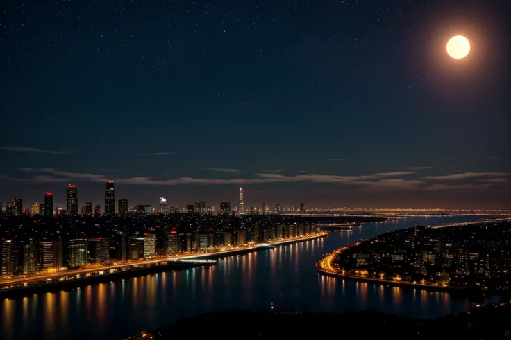 a cityscape at night with a full moon, RAW photo, full sharp, (FullHD epic wallpaper) 8k uhd, dslr, soft lighting, high quality, film grain, Fujifilm XT3, <lora:more_details:0.75>, <lora:sharpen-soften:-0.4>,<lora:hipoly3DModelLora_v20:0.3>