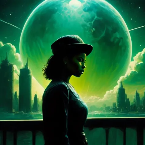 <lora:Black_Women:0.91> <lora:novel_bright:0.8> j4da_v2, (Comic book art :1.3), Comic art, graphic novel illustration, BREAK Style-GravityMagic, (focus on character:1.1), portrait, solo, from side, side view, (full body:0.6), detailed background, detailed face, (<lora:BioShockPunk:0.4>, BioShockPunk theme:1.1), aristocratic pose, awestruck, ruling class, elegant clothing, elegant hat, looking up at floating (cloud city:1.1), cloudtop sky-city, floating platforms, floating buildings, dome, balcony, railing, bridges, clouds in background, wind blowing, cinematic atmosphere, dark moonlit night,