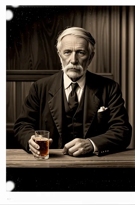 A man is sitting at the bar with whiskey in front of him, <lora:good_old_days:0.7>, old photograph barnum, Analog film photo, Faded film, desaturated, 35mm photo, grainy, vignette, vintage, Kodachrome. Lomography, stained, highly detailed, found footage, masterpiece, best quality, absurdres, detailed, ultra-detailed