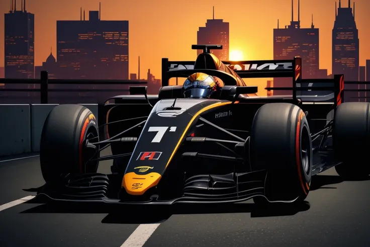 A robot with a black visor and the number 42 on its chest. It stands proudly in front of an F1 race car. The sun is setting on a cityscape in the background. wide-angle view. comic book illustration.