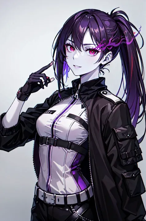 <lora:flame_over_one_eye:1> (purple and red flaming eye:1.5), (limited palette, grey skin, pale skin, portrait, straight-on:1.2),, absurdres, ultra detailed, masterpiece, best quality, aesthetic, detailed,, solo, smug smile, 1girl, purple eyes, red-framed eyewear, (black hair, red colored tips:1.2), red streaked hair, very long hair, side ponytail, tied hair, medium breasts,, <lora:StS-Coat-and-Jacket-On-Shoulders-Iteration2:0.7> dataset, jacket on shoulders, coat on shoulders, red dress, sleeves rolled up, fingerless gloves, holster, belt, multiple belts, combat boots, bulletproof vest, pants, black coat, tactical clothes,