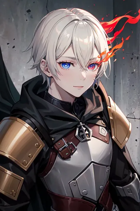 <lora:flame_over_one_eye:1> (red flaming eye:1.5), (grey skin, pale skin, portrait, straight-on:1.2),, absurdres, ultra detailed, masterpiece, best quality, aesthetic, detailed,, solo, smile, 1boy, blue eyes, medium blonde hair, parted bangs, hair intakes, male focus, muscular male,, armor, pauldrons, cuirass, gauntlets, waist cape, greaves, black bodysuit, surcoat, shoulder sash, wing shoulder armor, cape, pants,