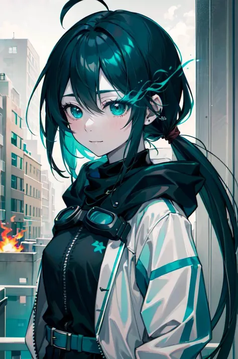 <lora:flame_over_one_eye:1> (teal flaming eye:1.5), ( black hair, grey skin, pale skin, portrait, straight-on, goggles on head:1.2),, absurdres, ultra detailed, masterpiece, best quality, aesthetic, detailed,, katya1, solo, smile, 1girl, aqua eyes, black hair, <lora:low_ponytail-1.0:0.7> low ponytail, ahoge, absurdly long hair, very long hair, hair flaps, hair between eyes, bangs, crossed bangs, messy hair, small breasts, goggles on head, closed mouth,, hooded coat, open coat, turtleneck, pants, black knee boots, multiple straps, white coat, layered clothes, hair ribbon, pants under skirt,