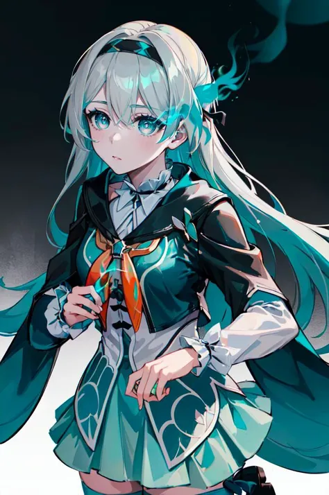 <lora:flame_over_one_eye:1> (teal flaming eye:1.5), (ringed eyes, grey skin, straight-on:1.2), colorful, <lora:firefly-v2-kozue:0.7> 1girl, blue eyes, grey hair, long hair, hair ornament, black hairband, long sleeves, green skirt, green thighhighs,, absurdres, ultra detailed, masterpiece, best quality, aesthetic, detailed,