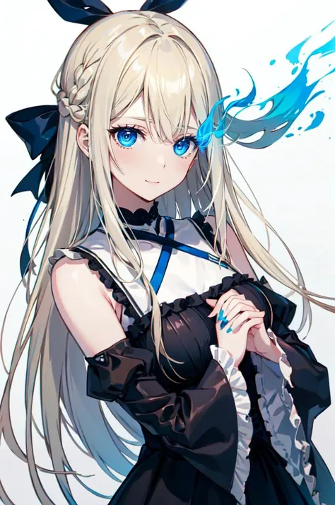 <lora:flame_over_one_eye:1> (blue flaming eye:1.35), limited palette, grey skin, pale skin, portrait, (own hands together, straight-on:1.2), checkered background,, absurdres, ultra detailed, masterpiece, best quality, aesthetic, detailed,, solo, soft smile, light smile,
katya1, 1girl, blue eyes, very long hair, blonde hair, long blonde hair, french braid, bangs, medium breasts,, hair ribbon, frilled choker, criss-cross halter, sleeveless dress, high-waist skirt, backless dress, waist bow, detached sleeves, frilled sleeves, wide sleeves, pantyhose, patterned legwear, mary janes,