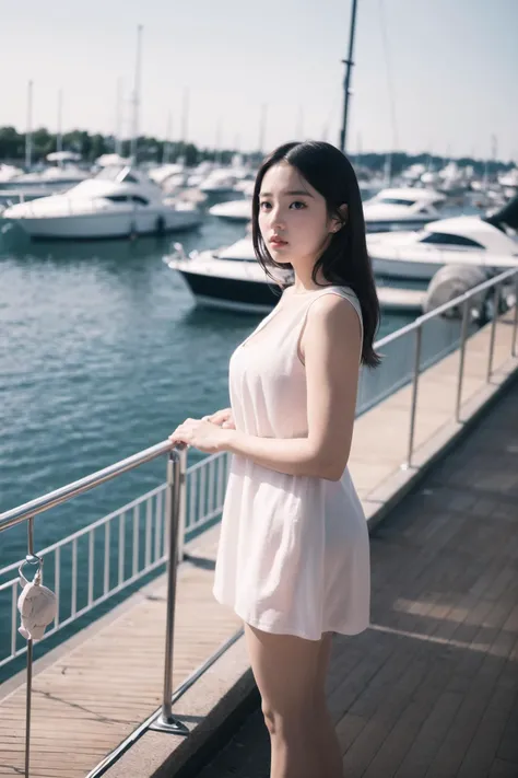 (masterpiece:1.2), best quality, high quality, (realistic), (absurdres:1.2), UHD, ultrarealistic,
a woman standing in front of a marina with boats in the background and a building in the background with a clock tower
noise,film grain, depth of field, analog film style, vivid color,
<lora:JPfilmColor_RedwhiteVer:0.5>