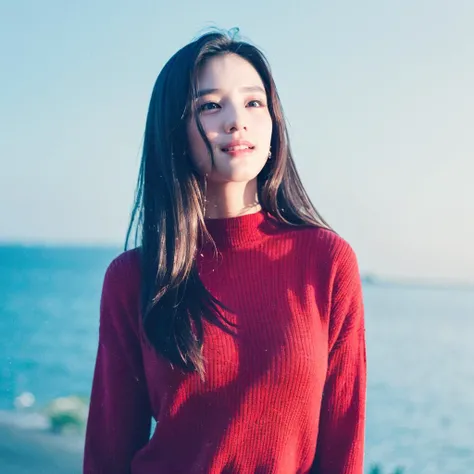 (masterpiece:1.2), best quality, high quality, (realistic), (absurdres:1.2), UHD, ultrarealistic,
(blue sky, blue background:1.5),a woman in a red sweater with her hand up in the air,long hair, upper body,arm up,
noise,film grain, depth of field, analog film style, vivid color,azure&burgundy
<lora:Heavy_grain:0.5>