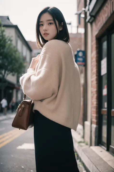 (masterpiece:1.2), best quality, high quality, (realistic), (absurdres:1.2), UHD, ultrarealistic,
a woman standing on a street corner with a handbag on her shoulder and a man in the background,
noise,film grain, depth of field, analog film style, vivid color,
<lora:JPfilmColor_RedwhiteVer:0.5>