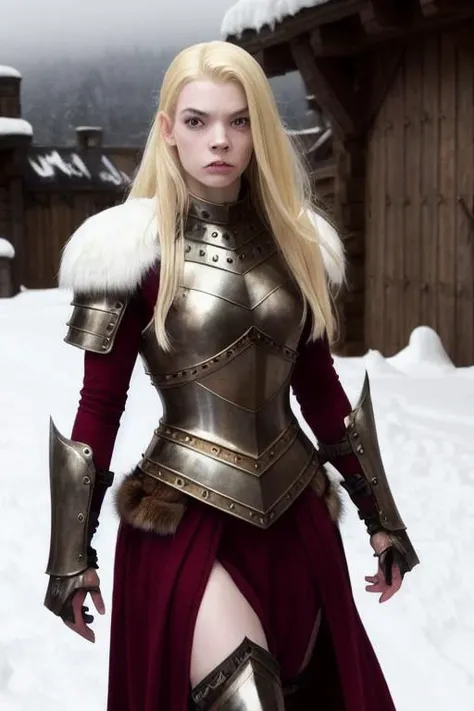 modelshoot style, (extremely detailed 8k wallpaper),a full body shot photo of ANAT0J3 as a viking queen, scar in face, battleworn, blonde hair, royal, ((medieval)), Intricate, High Detail, dramatic, action shot, battle environment, war, skin pores, very dark lighting, heavy shadows, detailed, detailed face, (vibrant, photo realistic, realistic, dramatic, dark, sharp focus, 8k), (snow, fur armour:1.3), (ruin city)