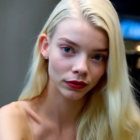 a stunning life-like image of 18-year-old skinny ANAT0J3 with long platinum-blonde hair, instagram model