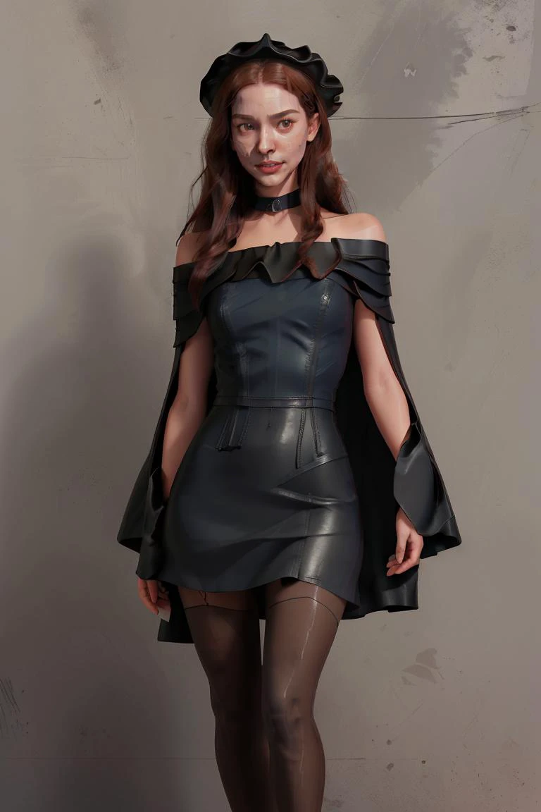 ((Sub Surface Scattering)), sunlight, gradient background, (abs, fit body), a dark hair 22yo girl, wear ((capeline hat, cape, off shoulder, big size dress, leather, dark pantyhose)), choker, (best quality:1.2), (detailed face:1.2), (perfect eyes:1.2) <lora:a_aespakarina_k:0.5> <lora:nataliePortmanLora_v10:0.6> (ANAT0J3:0.9) <lora:b_samdoesarts:0.3> charturnerv2 <lora:b_elysium:0.6> <lora:b_charturnbetalora_k.0.2-0.4:0.4>