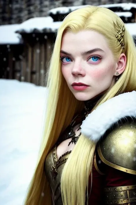 modelshoot style, (extremely detailed 8k wallpaper),a full body shot photo of ANAT0J3 as a viking queen,  scar in face, battleworn, blonde hair, royal, ((medieval)), Intricate, High Detail, dramatic, action shot, battle environment, war, skin pores, very dark lighting, heavy shadows, detailed, detailed face, (vibrant, photo realistic, realistic, dramatic, dark, sharp focus, 8k), (snow, fur armour:1.3), (ruin city)