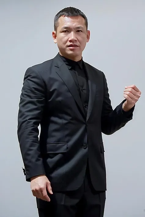 best quality, ultra high res, (photorealistic:1.4),(black suit:1.2),masterpiece, blurry background,1boy,standing ,(looking at viewer), <lora:zhengzu:0.8>
