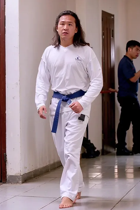 male,long hair,full body, (detailed pupils:1.1),best quality, masterpiece, 4K,photo \(medium\),long hair,taekwondo,sunny day,<lora:zhengzu:0.8>