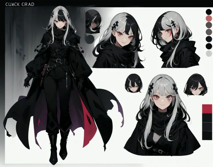 (<lora:CharacterDesign_Concept-10:0.35>, charactersheet), multiple views, ((full body)), (upper body), (side view), straight-on, (cowboy shot), (back view), reference sheet:1.8, (very long hair), bangs, hair ornament, crucifix, cross, (silver hair:1.3), gradient hair, (black hair:1.4), (multicolored hair:1.3), solo, red eyes, best quality, masterpiece, mascara, eyeshadow, standing, (closed mouth), smile, small breasts, (black cloak, black scarf, black coat, black shirt, black gloves, black pants, black boots, black sleeves, belt), scar, oversized clothes, <lora:more_details:0.2>
