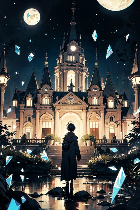 ((best quality, masterpiece, absurdres, super-resolution)) Serene starry night, Haunted opera house with ghostly performances and enchanted music., Glass Shards,Potions,Tech House,Retro, outdoor,Short hair,water elementa